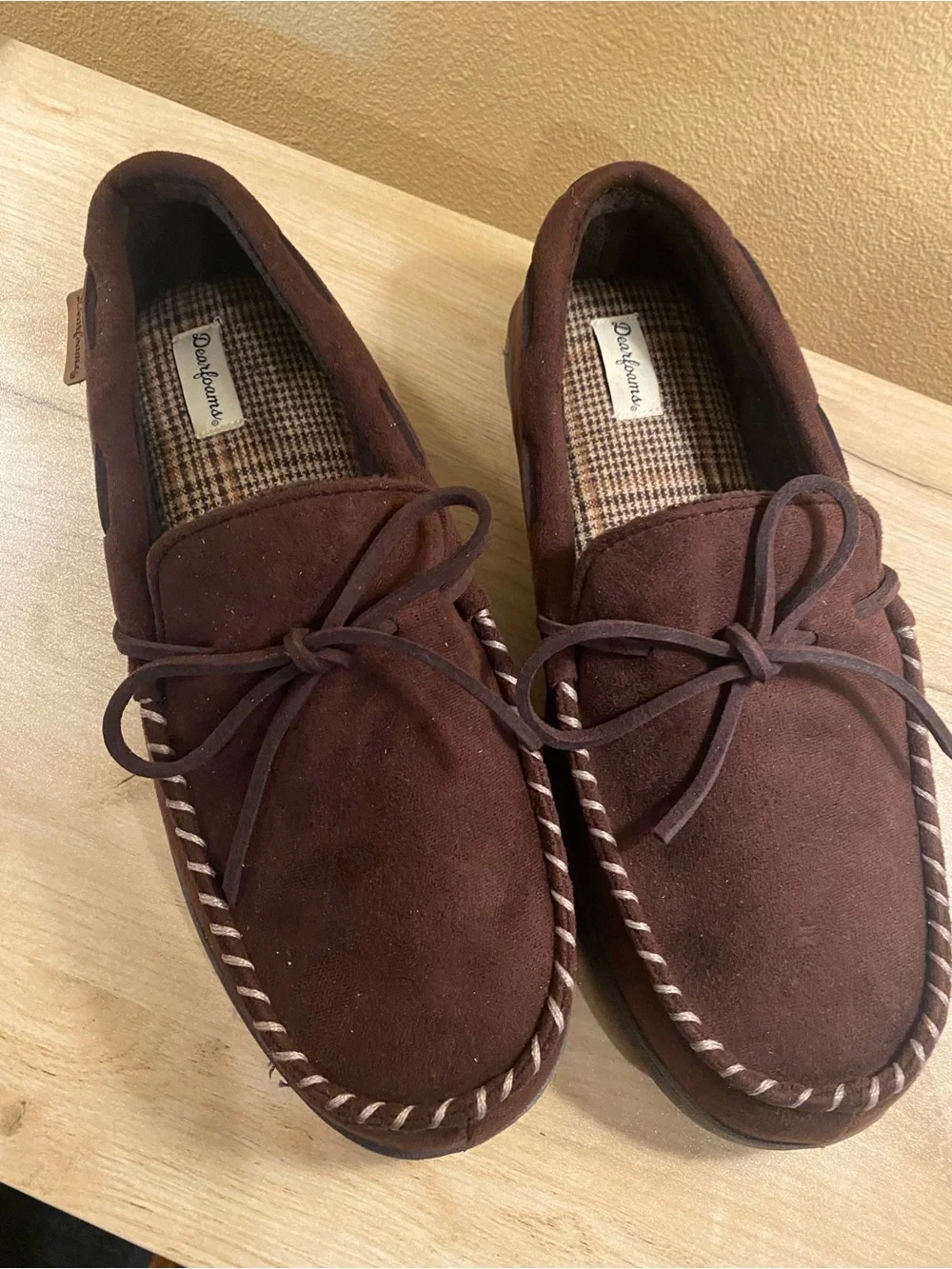 DEARFOAMS mens XL 13 14 Leather Moccasin Slip-On Loafers in Brown. Worn 1 time